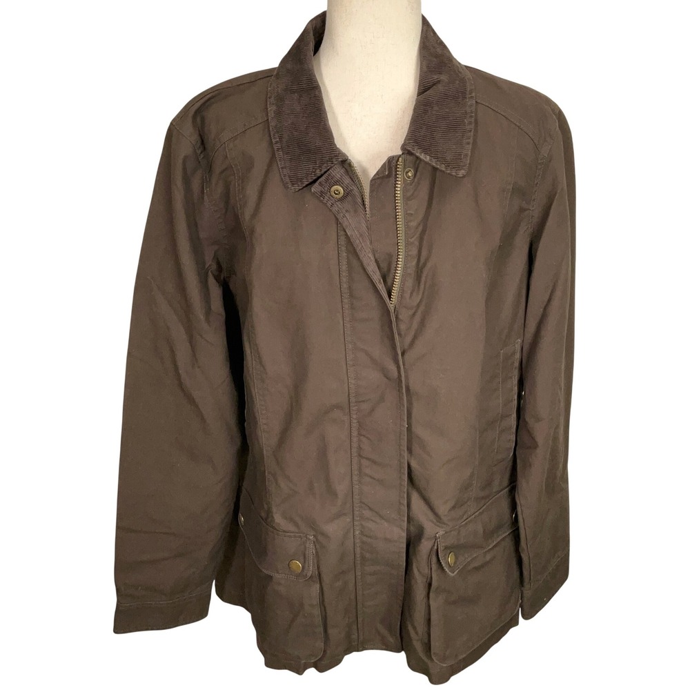 Orvis Field Jacket Women XL Brown Corduroy Collar Plaid Lined Barn Chore Hunting